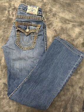 True Religion Women's Blue Straight Leg Jeans with Contrast Stitching